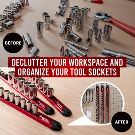 Precision Defined Aluminum Tool Socket Holder 3-Piece Set | Red, 1/4-Inch x 16 Clips, 3/8-Inch x 16 Clips, 1/2-Inch x 14 Clips | 360 Rotation - Heavy Duty Socket Rails Organizer, Socket Storage