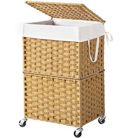 Chrislley 90L Slim Laundry Hamper with Wheels, Rolling Laundry Basket with Lid and Renovable Liner Bag, Handwoven Rattan Organizer for bedroom, bathroom, laundry room (Yellow)