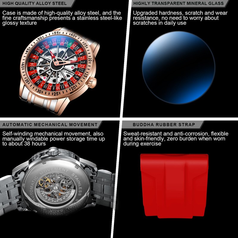 Minskolei Shield Men's Watch Automatic Hollow Mechanical Roulette Wheel Design