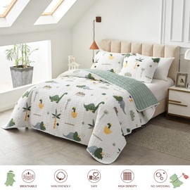 Joyreap 3-Piece Cotton Quilt Set Full/Queen, Dinosaur Theme Green Color Design for Kids Boys n Girls, Smooth Soft Quilt Bedspread Bed Cover for All Season, 1 Quilt and 2 Pillow Shams- 90x90 inches