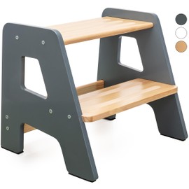 Wooden Step Stools for Kids - Sturdy, Non-Slip, Non-Tip Toddler Step Stool for Bathroom Sink for Your Little Girl or Boy - Gray