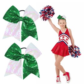 2 Pcs Cheer Bows, Cheer Hair Bows, Cheer Accessories, Green and White Hair Bow, Cheer Bow, Cheer Bows Set, Sequin and Sparkle Ponytail Accessories for Cheerleading, Dance (Green, White)