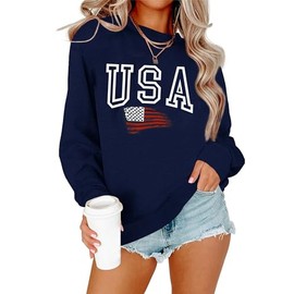 Lacozy Womens Oversized USA Sweatshirt Crew Neck Long Sleeve T Shirts Casual American Flag Sweater Loose Pullover Tops Navy Blue