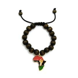 NYFASHION101 Power Fist on Pan Africa Charm with 12mm Adjustable Wooden Bead Macrame Bracelet, Brown/Gold-Tone