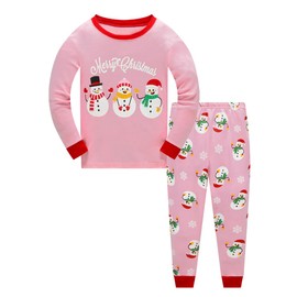 Popshion Girls Christmas Pajamas Long Sleeve Cotton Snowman Christmas PJs Two Piece Baby Girl Pink Clothes Kids Sleepwear 3t