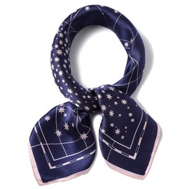 ANDANTINO 100% Real Mulberry Silk Scarf -21'' x 21''- Lightweight Neckerchief –Women Men Small Square Digital Printed Scarves (Navy&Pink Star)