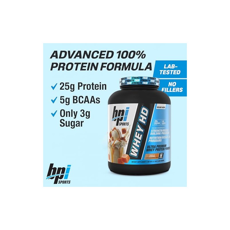 BPI Sports Whey HD Ultra Premium Protein Powder, Vanilla Caramel,