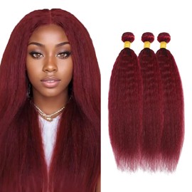99J Human Hair Bundles Red Kinky Straight Human Hair Bundle Burgundy Yaki Bundle 20 20 20 inch Wine Red Bundles 300g