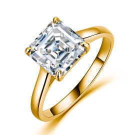 2.5 CTW Luxury Asscher Cut Solitaire Moissanite Engagement Ring S925 Sterling Silver with Curved Shank Fine JewelryColor: 14K Gold Plated, Ring Size: 5#