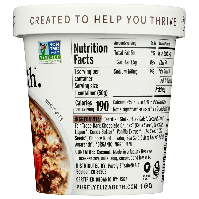 Purely Elizabeth, Oatmeal Cup Superfood Dark Chocolate Chunk, 1.76 Ounce