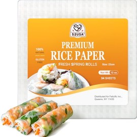 52USA Square Rice Paper, 1 Pack, White Rice Paper Wrappers, Fresh Spring Roll Wrappers & Dumplings-34 Sheets, Gluten-Free Wonton Wrappers, Vegan, Low Carb, Vietnamese Rice Wraps (22cm, 12 oz)