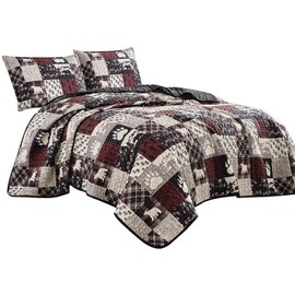 Jaba Western Gray/Beige/Burgundy Big Bear Paw Print Bedspread 3 Piece National Forest Theme Cabin Lodge Ranch Design Coverlet Quilt Set-22309 (King)