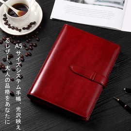 RIHUA A5 Notebook Notebook 6 Hole Ring Notepad with Refill Schedule Book Card Storage Leather A5 System Notebook Cover Business Notebook Office Supplies (Wine)
