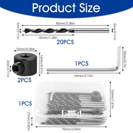 Wood Drill Bit Set 3 mm, 20 Pieces Wood Drill Long, Carbon Steel Wood Twist Drill Bit with Allen Wrench and Boundary Ring, Beam Drill for DIY Woodworking, Engraving and Drilling