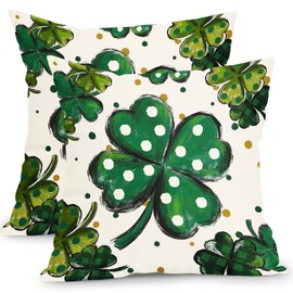 St Patricks Day Pillow Covers 18x18 Inch Green Shamrock Decorative Outdoor Throw Pillow Covers Vintage Spring Pillow Cases Cotton Linen Cushion Cover for Couch Sofa Bed Home Decor (Pack of 2)