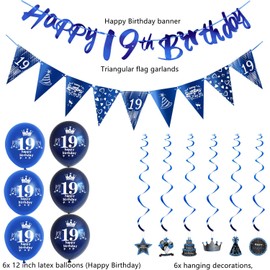 Blue 19th Birthday Garland - Banner Triangular Flags Hanging Decorations + 6 Balloons - Decoration for Boys