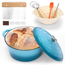 6 QT Enameled Cast Iron Bread-Oven with Lid, Dutch Oven for Bread Baking, incl. Sourdough Bread-Baking Supplies like Bread Proofing Basket, Scoring Lame, Dough Whisk for Sour dough, Light Blue