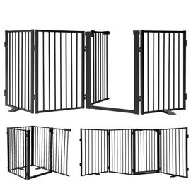 Snagle Paw Metal Freestanding Dog Gate with Door, 80” W x 24” H Dog Fence with Support Feet for Doorways, Stairs and Hallways, Portable Pet Gate for Indoor and Outdoor Use (4 Panel, Black)