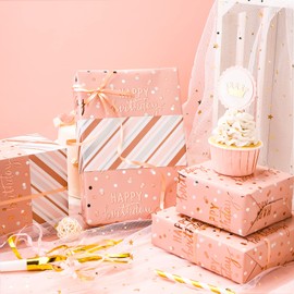 LeZakaa Reversible Pink Birthday Wrapping Paper Roll for Girls Women, Happy Birthday Lettering & Stripe Pattern with Metallic Foil in Pink, Mini Roll, 17 inches x 16.4 Feet