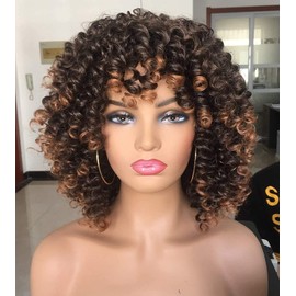 ISAMY Curly Afro Wig with Bangs Short Kinky Curly Wigs for Black Women Synthetic Fiber Soft Hair Short Curly Afro Wig (Ombre Brown)