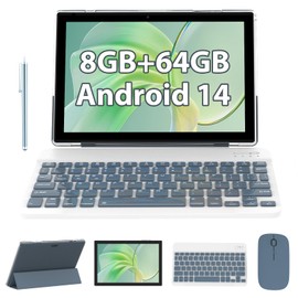 10 inch Tablet with Keyboard 2 in 1 Tablet Android 14 Tablets Include Case Mouse Stylus 6000mAh battery 8GB+64GB/1024GB Expandable 10.1" Tableta, Dual Camera tab, WiFi Bluetooth Tablet PC (Blue)