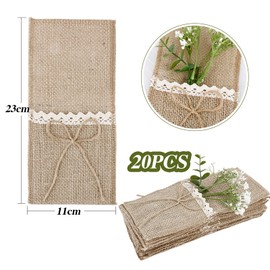 BETESSIN Pack of 20 Jute Cutlery Bags with Lace, Cutlery Bags, Hessian Cutlery Holder, Vintage Wedding Decoration, Table Decoration for Wedding, Birthday Party, Christmas, Jute