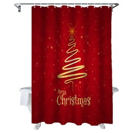 Merry Christmas Bathroom Shower Curtains, Golden Xmas Tree, Holiday Shower Curtain Set with Hooks, Glitter Red Fabric Bathroom Curtains, Waterproof Farmhouse Bathroom Decor, 72x72inch
