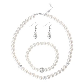 yaozeio Pearl Earrings Bracelet Necklace Set Black and White Necklace Faux Pearl Bracelet Simulated Pearl Drop Earrings Bride Rhinestone Crystal Necklace Bracelet Earrings Sets