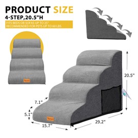 Topmart Dog Stairs for Small Dogs,4-Step,Foam Dog Steps for Couch/High Beds with Waterproof &Removable Cover, Non-Slip Dog Ramp, Grey