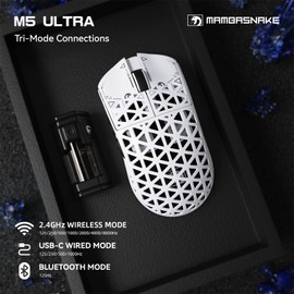 MAMBASNAKE M5 Ultra 39g Carbon Fiber Wireless Mouse, 42K DPI PAW3950 Sensor, 8KHz Polling Rate Gaming Mouse, Tri-Mode 2.4GHz/BT/Wired Computer Mice, Web Driver, for Win/Mac/FPS/MOBA/Esports-White