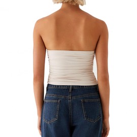 Women Strapless Tank Tops Solid Y2k Sleeveless U Shape Ruched Bandeau Off Shoulder Crop Top Shirts(Beige,M)