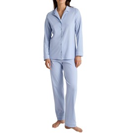 CALIDA Night Lovers Women's Buttoned Pyjamas 100% PIMA Cotton with Fabric Covered Elastic Waistband, Harmony Blue