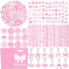110 PCS Pink Coquette Bow Party Favors, Pink Coquette Bow Temporary Tattoos Slap Bracelets Stickers Keychains Badges Gift Bags for Bow Coquette Birthday Party Decorations Supplies for Kids Girls