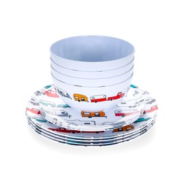 Camco Life is Better at The Campsite Dishware Set | Features a Virtually Unbreakable Melamine Construction, is Top Rack Dishwasher Safe, and has a Multicolored RV-Themed Design | 12-Piece (53297)