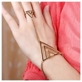 Allereya Vintage Triangle Finger Ring Bracelet Hollow Triangle Bangle Chain Bracelet Gold Wristband Cuff Bangle Bracelet Punk Slave Bracelet Jewelry for Women and Girls