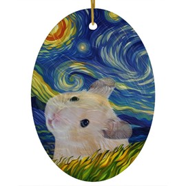 Whimsical Night Sky Golden Hamster Christmas Ornament White Oval Ceramic - Impressionist Pet Portrait Memorial Keepsake Gifts for Hamster Lovers