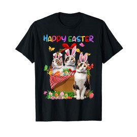 Three Calico Cats With Bunny Ears In Egg Basket Easter Day T-Shirt