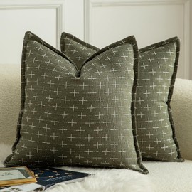 Mandioo Pack of 2 Burlap Linen Cushion Covers Woven Textured Modern Farmhouse Throw Pillow Cases Decorative Couch Sofa Bed Living Room 18 x 18 Inch 45x45 cm Olive Green