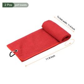 YOKIVE 2 Pcs Tri-Fold Golf Towels, Golf Club Waffle Pattern Towels with D Clip for Golf Balls Lovers (Red, 12x12-Inch)