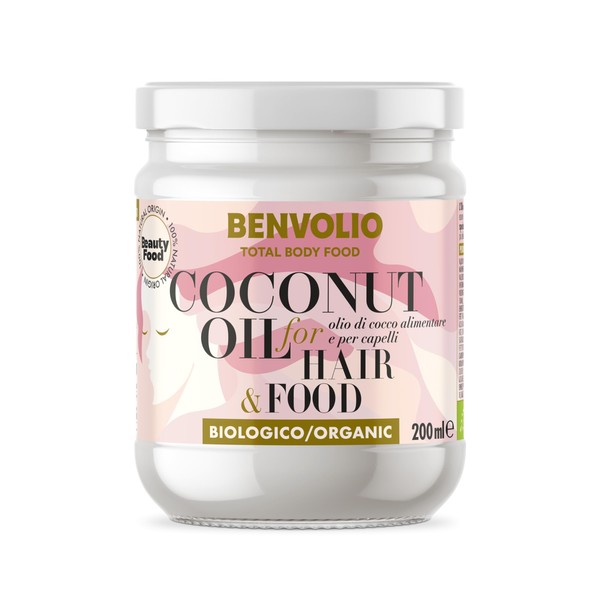 BENVOLIO - Total Body Food Organic Coconut Oil for Hair | 200 ml | Oil for Curly, Dry or Frizzy Hair | Heat Protecting Hair, Leave in Conditioner | Food Grade | Coconut Oil For Hair