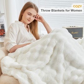 Soft Cozy Plush Faux Rabbit Fur White Throw Blanket, Decorative Boho Fluffy Blanket for Couch Bed Sofa Chair and Living Room, Luxury Fuzzy Fleece Winter Throw Blankets for Women Kids Men, 50x60''