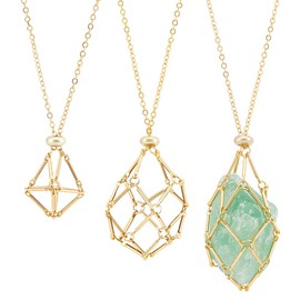 UNICRAFTALE 3 Sizes 3Pcs 18K Gold Plated Adjustable Crystal Necklace Holder Empty Stone Holder Nets Necklace Pendant with Empty Crystal Cage Brass Macrame Pouch for Pendant Necklaces Making