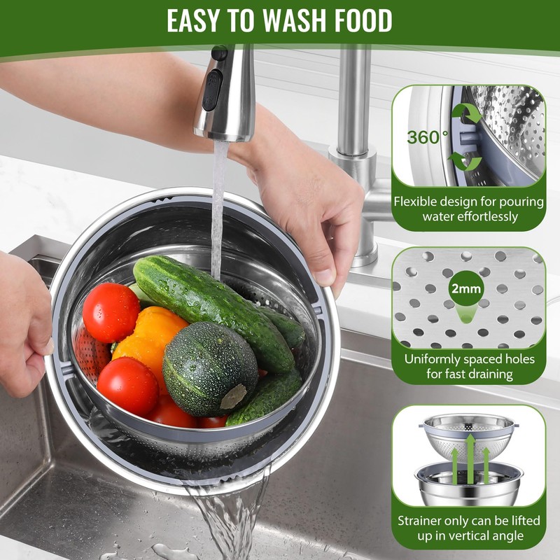 P&P CHEF 4-In-1 Stainless Steel Colander with Bowl Set, Rotatable