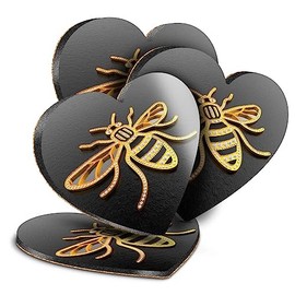 4 x Heart Coasters - 3D Manchester Bee Logo Cork Backed MDF Glossy Tea Coffee Accessory #50003