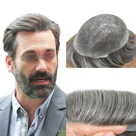 Curve Hair Toupee for Men Hairpiece Invisible Mens Hair Replacement System Transparent Ultra Thin Skin Human Hair Piece for Men 8"x10",#1B80 Off Black/Natural Black+80% Gray-100% Light to Med-Light