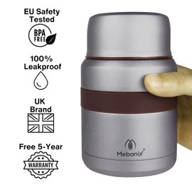 Mebanix Food Flask for Hot Food, Soup | 400ml Stainless Steel Double Walled Vacuum Insulated Leakproof Jar with Folding Spoon | BPA Free | 6 hrs hot 10 hrs cold | For Adults and Kids. Grey.