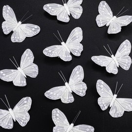 HINZIC 10 Pack 3D Feather Butterfly for Decorations, Glittering Pearl Butterfly Stickers for DIY Hand Craft Wall Decor Home Party Wedding Ceremony -White