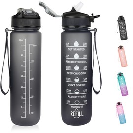 Toced Sport Water Bottle, 1L Water Bottle with Straw and Time Markings, Reusable Motivational Leakproof Water Bottle BPA Free Lid, Durable Drink Bottle for Gym, Sports, Outdoor (Black)