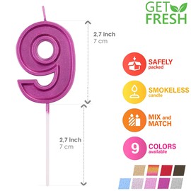 GET FRESH Number 9 Birthday Candle – Purple Number Nine Candle on Stick – Elegant Number Candles for Birthday Wedding Anniversary – Perfect Girl's 9th Birthday Cake Candle – Purple 9 Candle