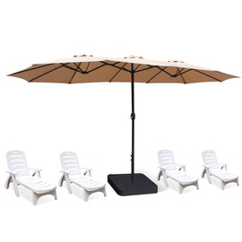 Bigroof 15 Ft Patio Umbrella Double-Sided Outdoor Market Extra Large Twin Umbrella with Crank & Umbrella Base Polyester Fabric (Beige)